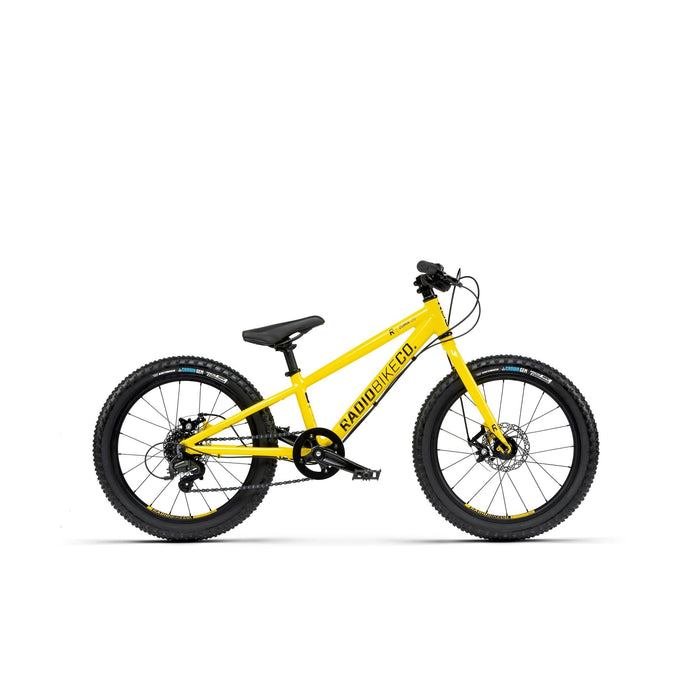 Yellow Radio Zuma 20 kids mountain bike with black tires and seat on a white background