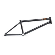 Black Radio Nemesis Frame BMX with thick 6mm CNC machined dropouts and 75.5-degree headtube angle for street and park riding.