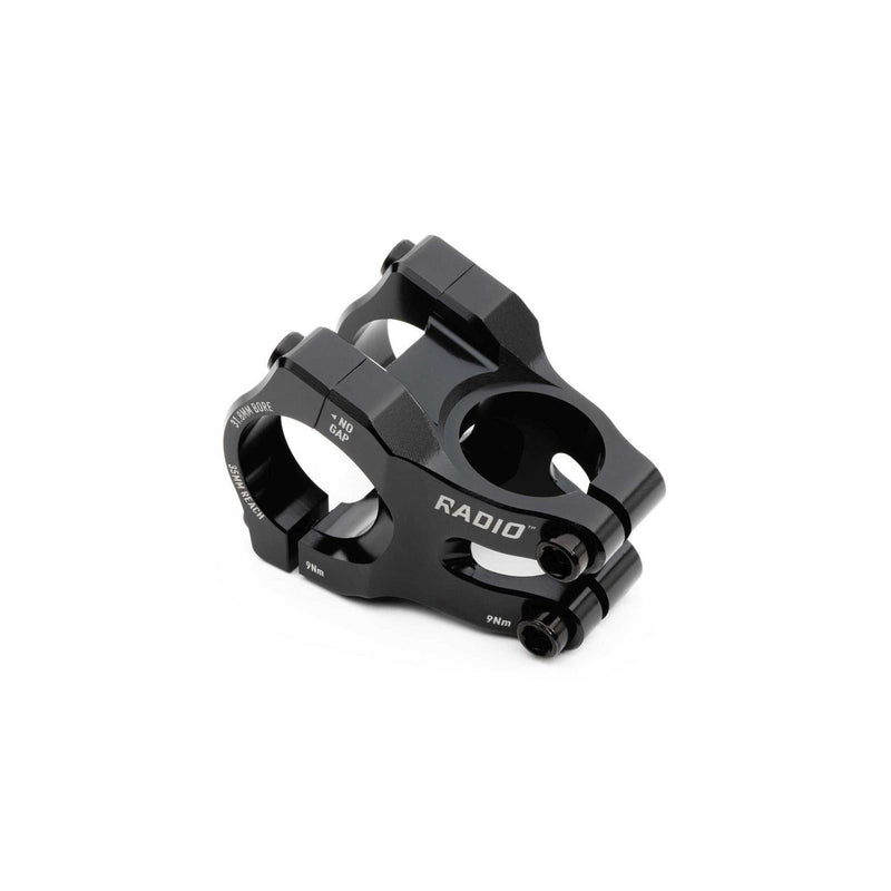 Radio Portal MTB stem black CNC machined 6061-T6 alloy with Vice Jaw clamping system and 6mm hex bolts for durable mountain bike handlebar mounting.