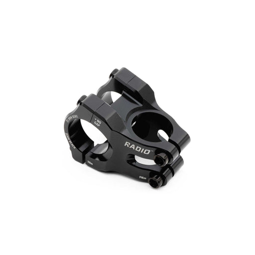 Radio Portal MTB stem black CNC machined 6061-T6 alloy with Vice Jaw clamping system and 6mm hex bolts for durable mountain bike handlebar mounting.