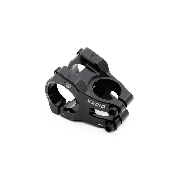 Radio Portal MTB stem black CNC machined 6061-T6 alloy with Vice Jaw clamping system and 6mm hex bolts for durable mountain bike handlebar mounting.