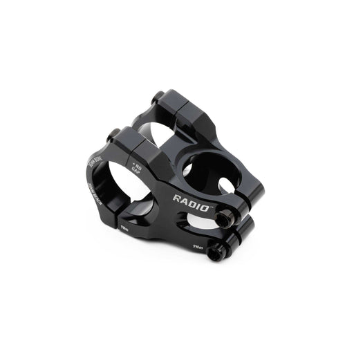 Black Radio Portal MTB stem made from CNC machined 6061-T6 alloy with vice jaw clamping and 6mm hex bolts for mountain bike handlebars.