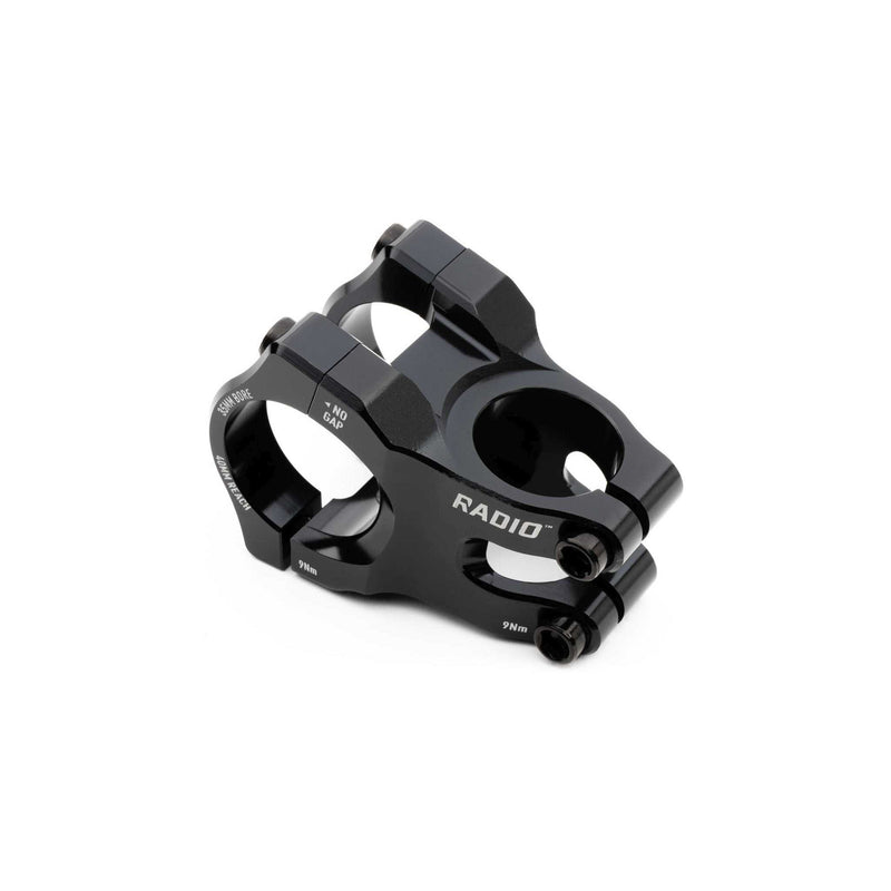 Black Radio Portal MTB stem made from CNC machined 6061-T6 alloy with Vice Jaw clamping and 6mm hex bolts for durable bike handlebar connection.