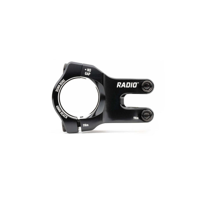 Black CNC machined Radio Portal MTB stem with 35mm clamp, 40mm reach, and 6mm hex bolts for durable mountain bike performance.