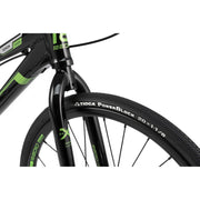 Close-up of the front wheel and fork of RADIO RACELINE XENON JUNIOR bike with Tioga PowerBlock tire and black alloy frame details