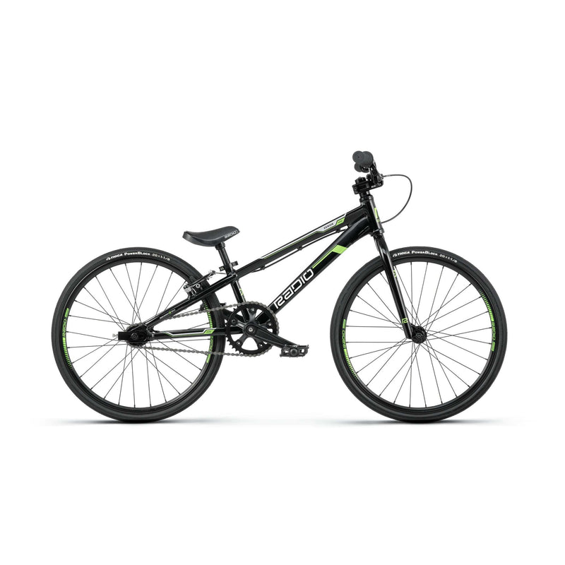 Black and green RADIO RACELINE XENON mini bike with disc brake ready hydroformed alloy frame and 20-inch Tioga Power-Block tires.