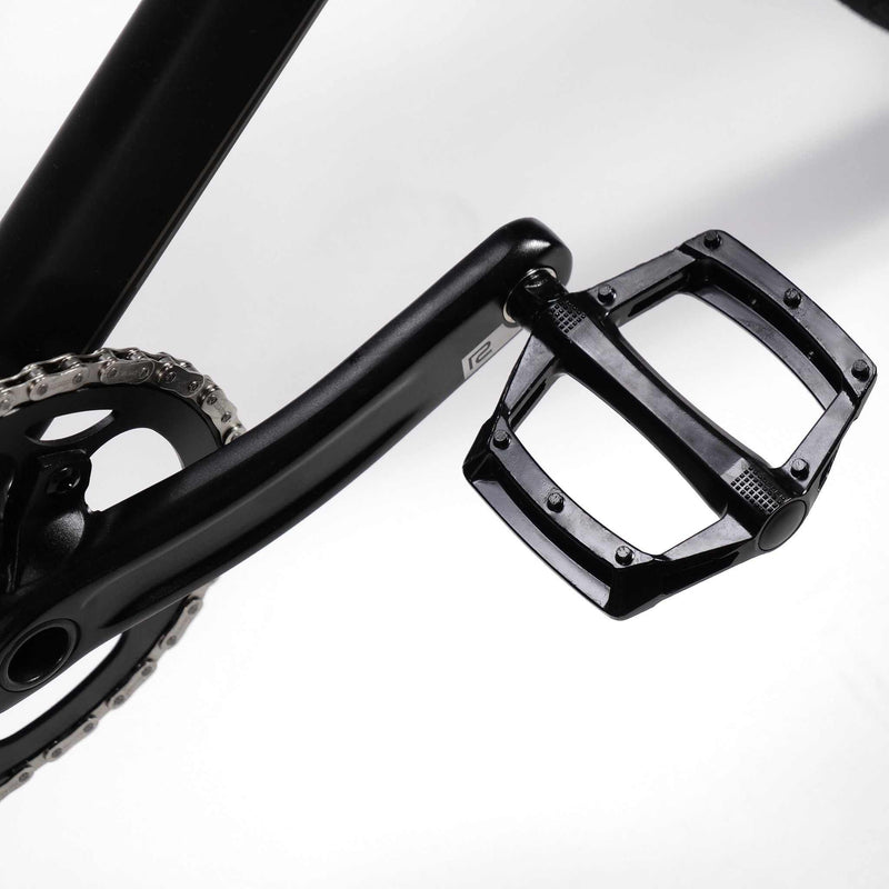 Close-up of a black RADIO RACELINE QUARTZ PRO bike pedal and crankarm with chainring on a white background