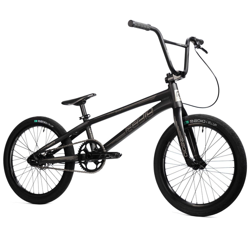 Black RADIO RACELINE QUARTZ PRO 20-inch BMX bike with lightweight alloy frame and hydraulic disc brakes