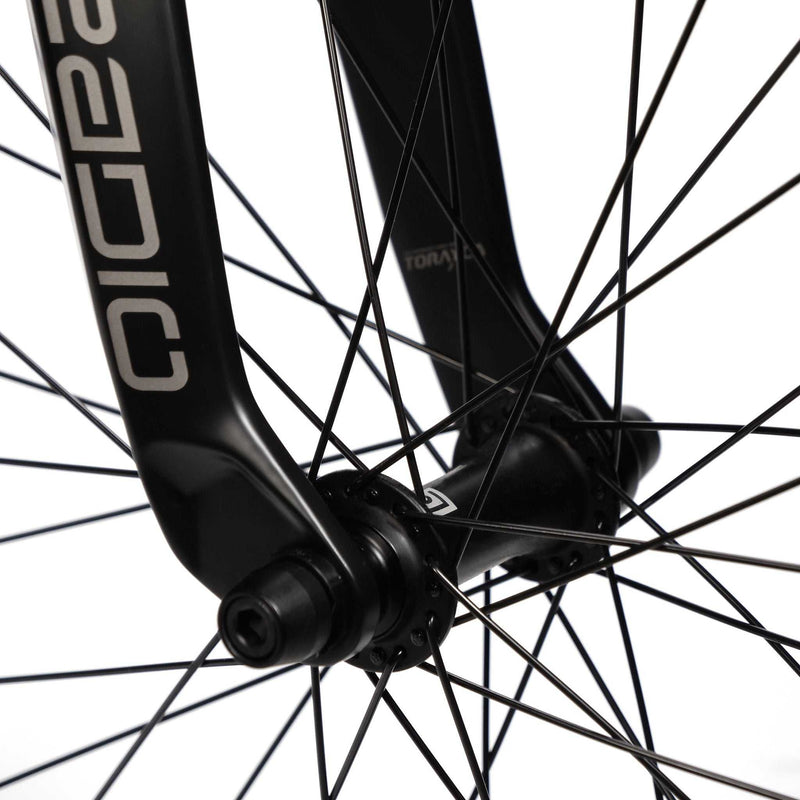 Close-up image of a black Radio Raceline Quartz Pro front wheel hub with spokes and carbon fork detailing