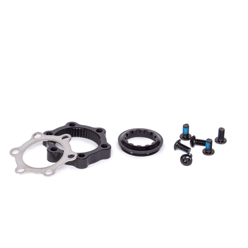 RADIO RACELINE centerlock adapter conversion kit for ISO 6 bolt rotors with alloy adaptor, steel bolts, and necessary hardware
