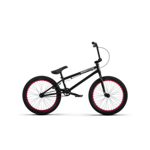 Black Radio Saiko 20 BMX bike with 20-inch wheels and pink rim accents, designed for nimble, responsive riding