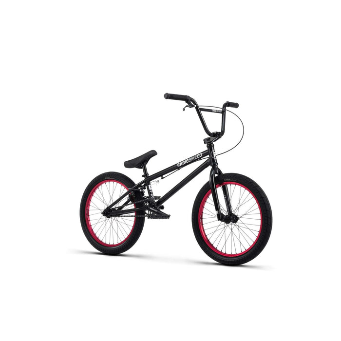 Black RADIO SAIKO 20 BMX bike with red rims and 20-inch wheels designed for nimble, responsive riding
