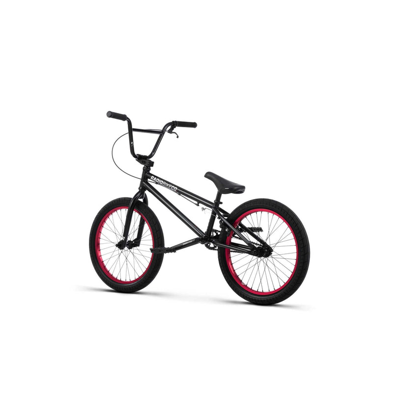 Black RADIO SAIKO 20 complete BMX bike with red rims and 20-inch wheels