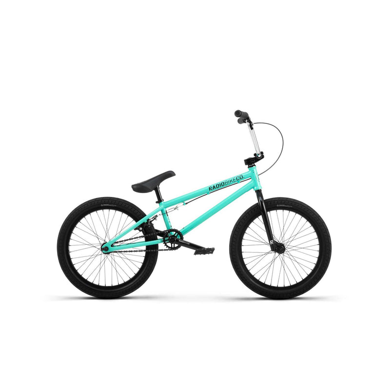 RADIO SAIKO 20 BMX bike with low-slung frame, 20-inch wheels, teal color, and black tires designed for nimble and responsive riding