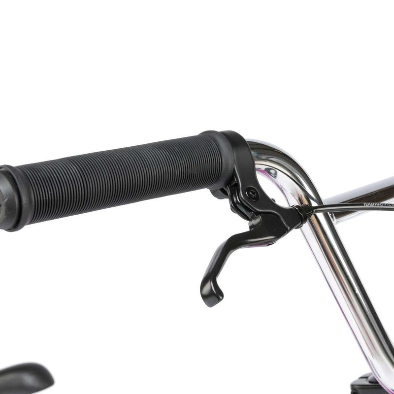 Close-up of RADIO SAIKO 20 bike black handlebar grip and brake lever on chrome handlebar