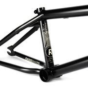 Black Radio Saxon BMX frame with smooth hourglass headtube and oval seat tube for extra foot clearance.