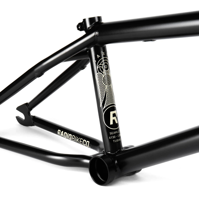 Black Radio Saxon BMX frame with smooth hourglass headtube and oval seat tube for extra foot clearance.