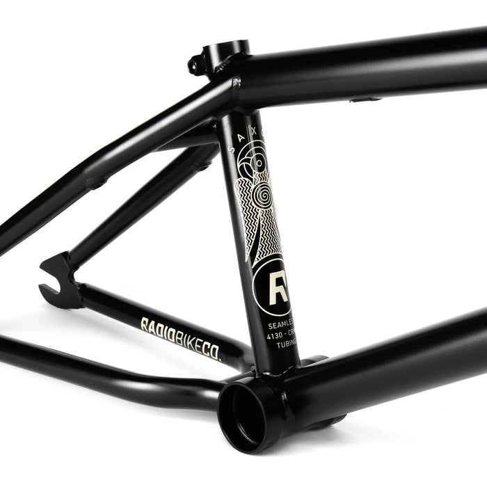 Black Radio Saxon BMX frame with smooth hourglass headtube and oval seat tube for extra foot clearance.