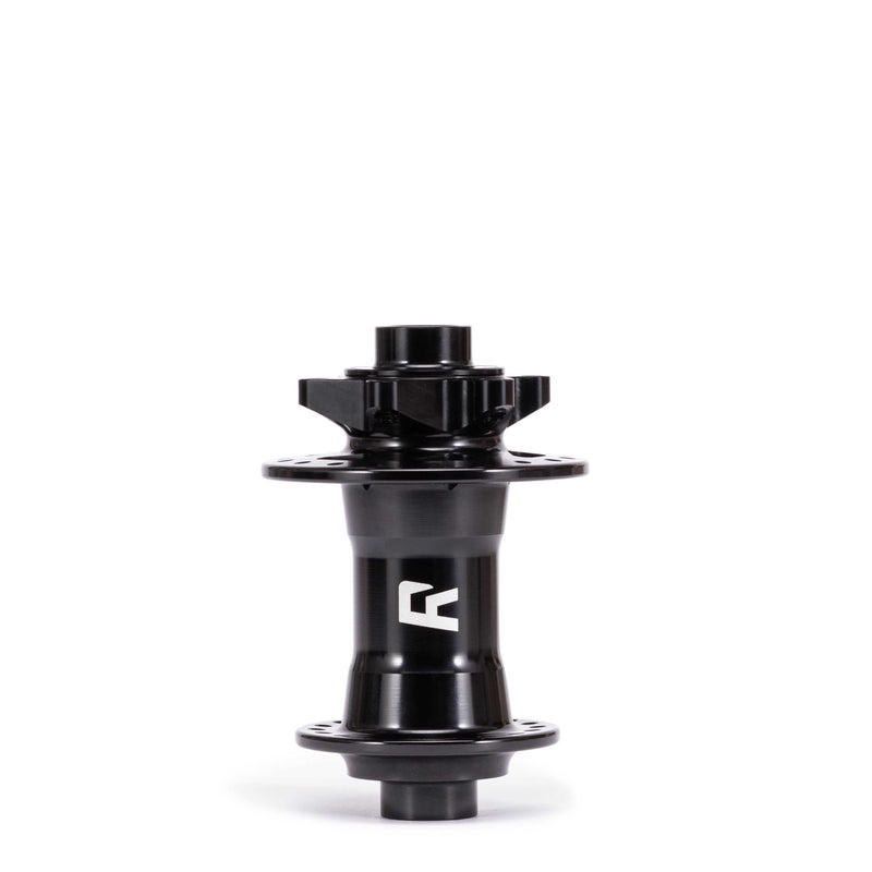 Radio Sonar MTB front hub in black alloy for thru-axle mountain bikes, disc and non-disc versions available