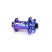 Radio Sonar MTB front hub in blue and purple alloy, designed for thru-axle MTB systems with disc and non-disc options.