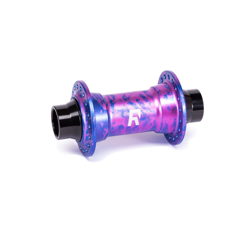 RADIO SONAR MTB Front Hub in black and nebula purple alloy for 15x100mm and 20x110mm thru-axle MTB systems, disc and non-disc options.