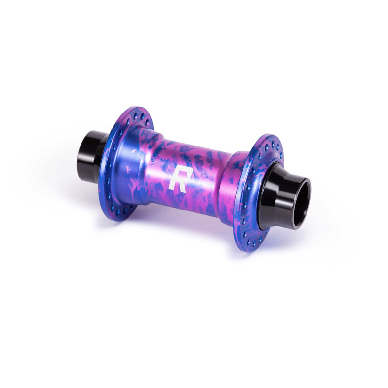 Radio Sonar MTB front hub in nebula purple and black for thru-axle mountain bikes with 6-bolt disc mount option