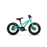 RADIO ZUMA 14 children’s mountain bike with 14-inch wheels in dragon green and fresh mint colors, featuring lightweight alloy frame and mechanical disc brakes.