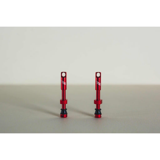 Set of two red MTB tubeless presta valves with double air duct and metal caps