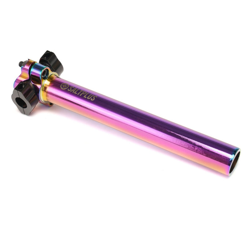 SALTPLUS HQ CNC machined aluminum rail seatpost in oil slick finish with micro-adjust and double bolt clamp