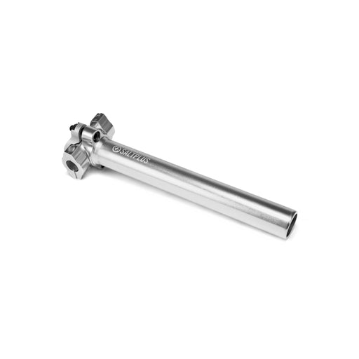 SALTPLUS HQ CNC Rail Seat Post in silver, full CNC machined from 6061-T6 alloy with micro-adjust and double bolt tightening, compatible with railed seats.