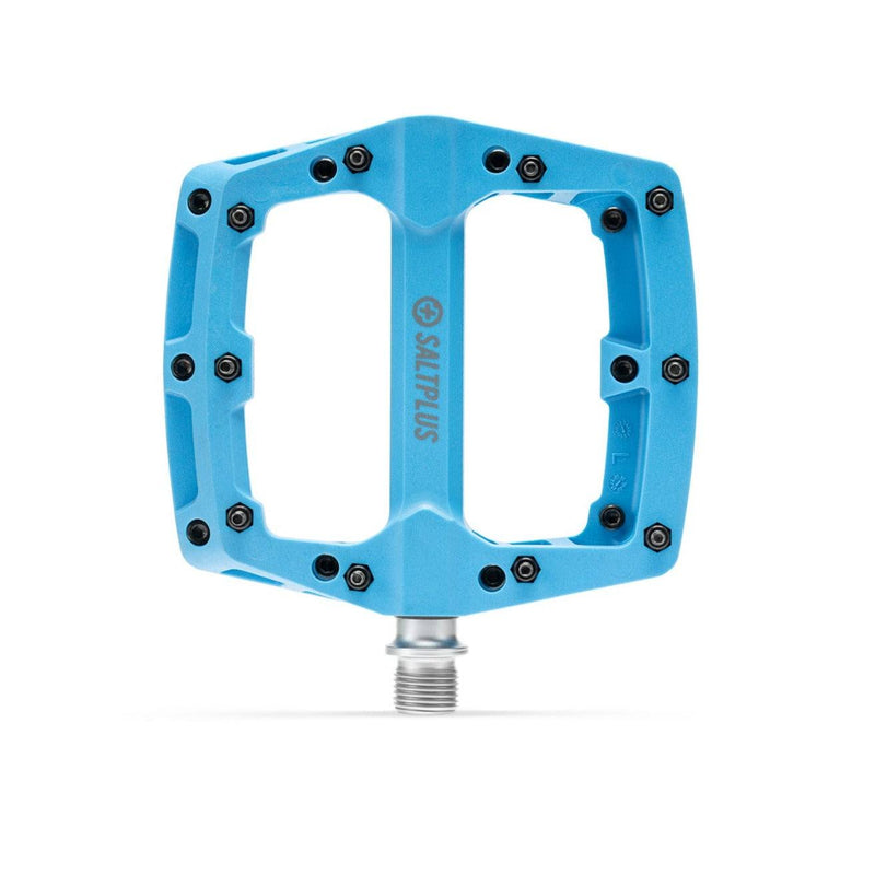 Extra-large SALTPLUS HQ PC PEDALS in cyan with a super-slim nylon design, featuring sealed bearings and replaceable steel pins.