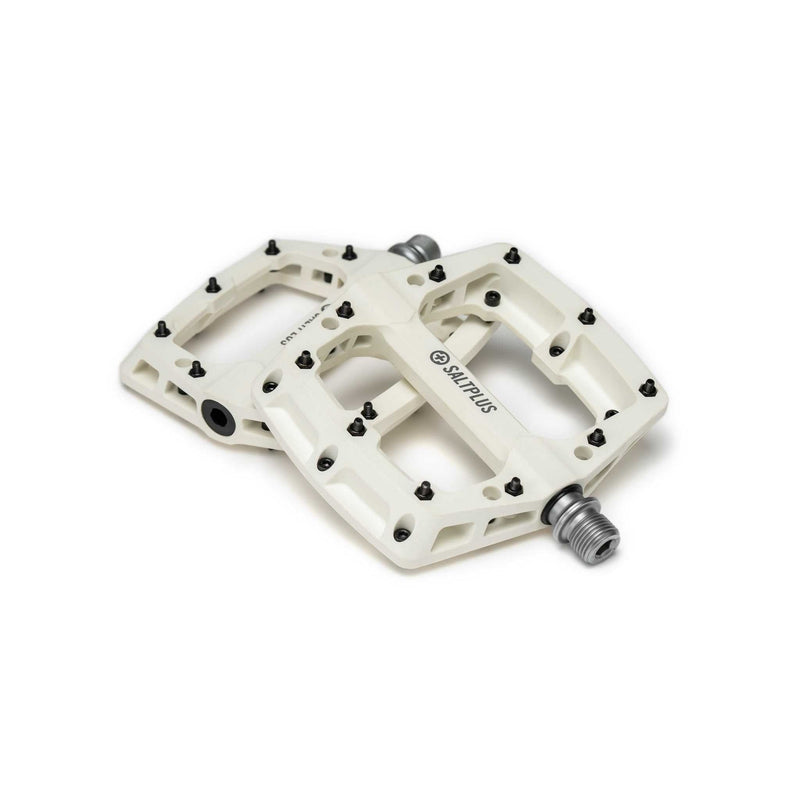 SALTPLUS HQ PC PEDALS in white, featuring large, super-slim nylon platform with sealed bearings and replaceable steel pins.
