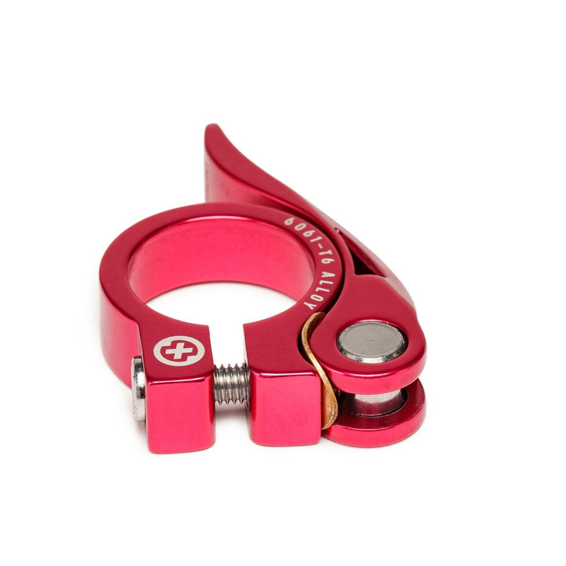 SALTPLUS HQ SEATCLAMP with quick release lever in red, lightweight 6061-T6 alloy, 28.6mm size.