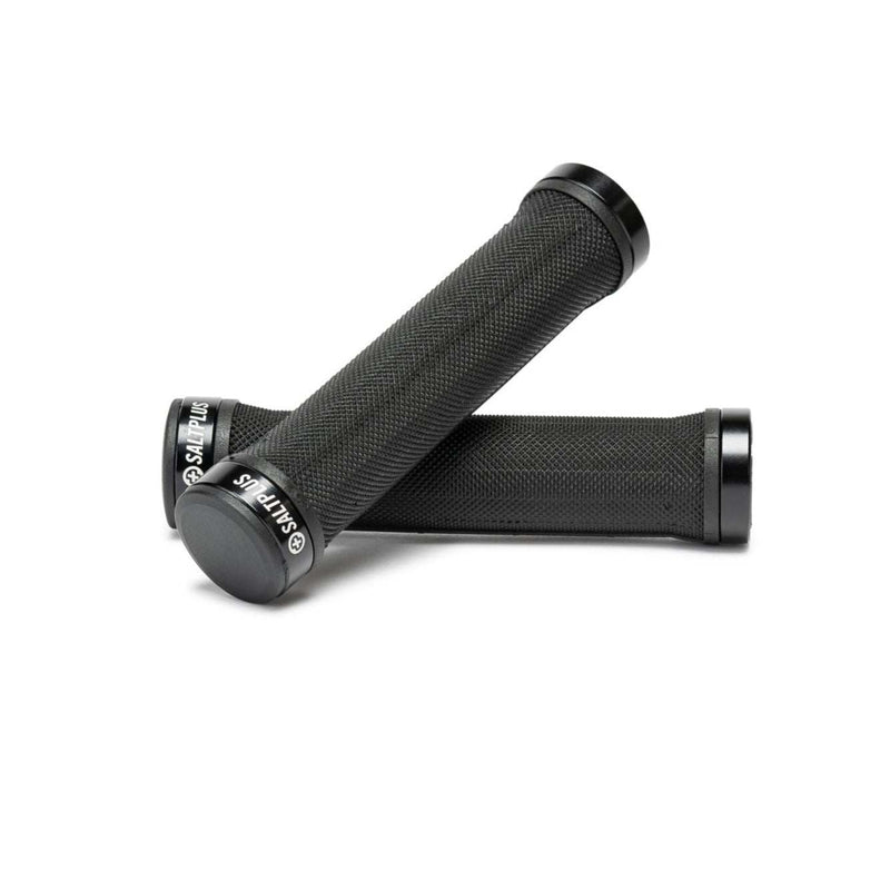 SALTPLUS LOCKED GRIPS, double clamp lock-on grips, soft kraton rubber, CNC alloy lockrings, black color.