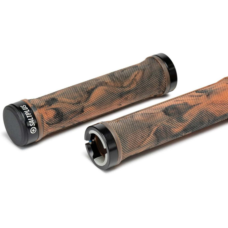 SALTPLUS LOCKED GRIPS featuring dual compound rubber and CNC alloy lockrings, shown in Gum/Black Marble.