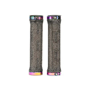 SALTPLUS LOCKED GRIPS with CNC alloy lockrings, dual compound rubber, in Black glitter/Oilslick.