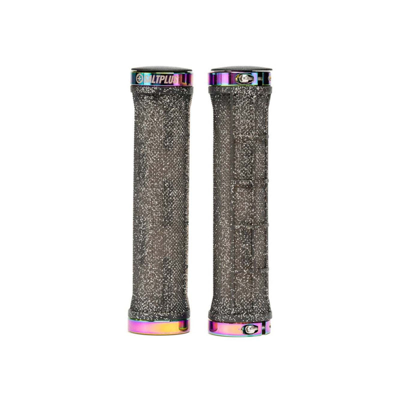 SALTPLUS LOCKED GRIPS with CNC alloy lockrings, dual compound rubber, in Black glitter/Oilslick.