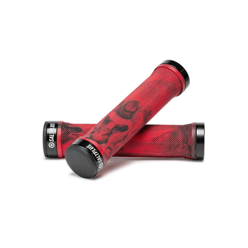SALTPLUS LOCKED GRIPS in Black/Red Marble, dual compound kraton rubber with CNC alloy lockrings.
