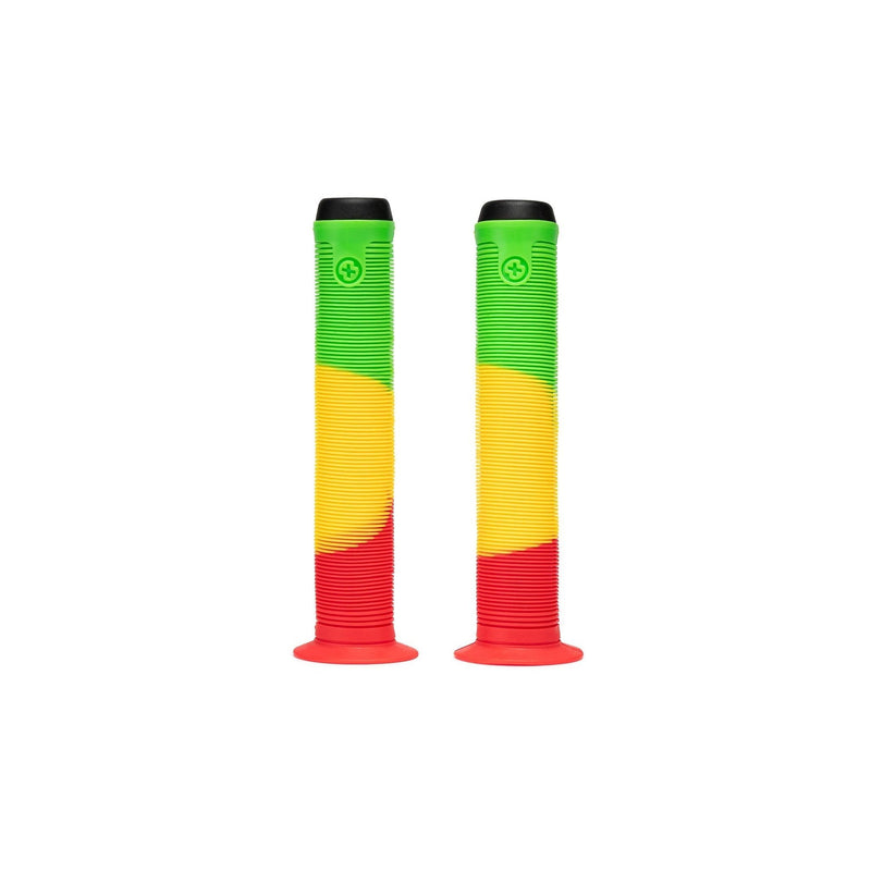 SALTPLUS XL GRIPS in rasta color, made of soft VEX Kraton rubber with flanged design and SALTPLUS push-in bar ends.
