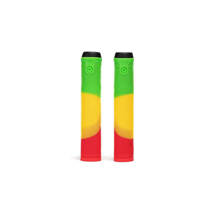 SALTPLUS XL GRIPS in Rasta color, featuring super soft Kraton rubber, suitable for wider handlebars, flanged and flangeless options.
