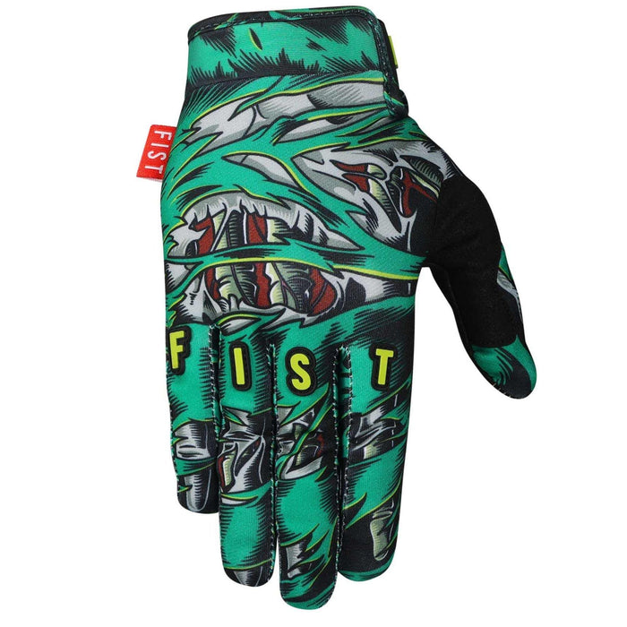 FIST green strapped gloves with minimalist design, breathable spandex upper, Clarino palm, and touchscreen conductive fingertips.