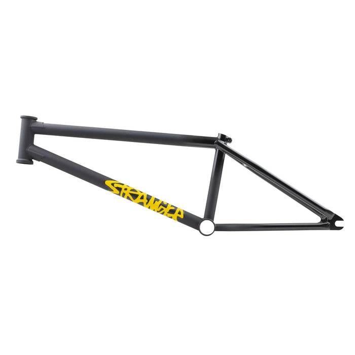STRANGER CHURCHILL street BMX frame in black with yellow logo, made from 100% Chromoly steel with laser-cut dropouts.