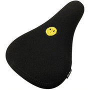 Black STRANGER JCAP SEAT fat pivotal bike seat with custom yellow smiley patch designed by Jordan Capece