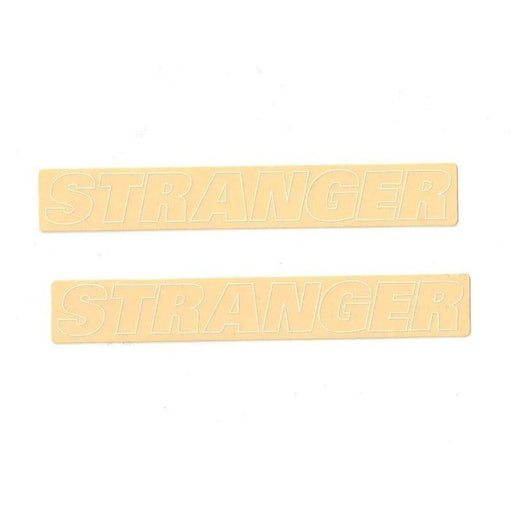 Two beige STRANGER outline stickers in a set with bold block letters on white background