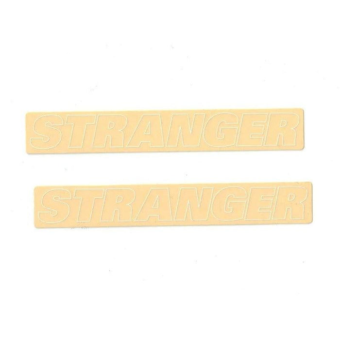 Two beige STRANGER outline stickers in a set with bold block letters on white background