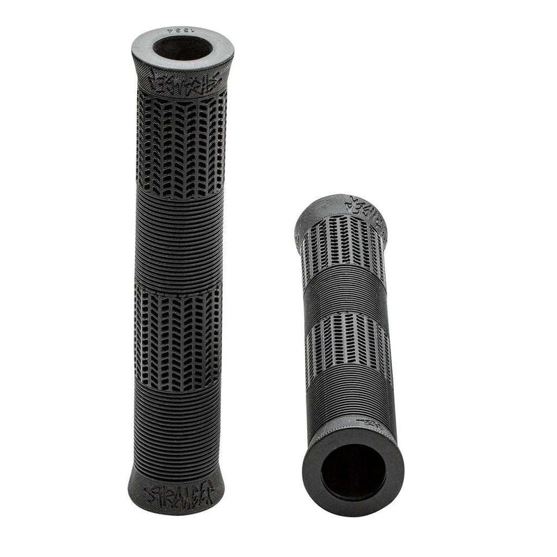 Pair of black STRANGER QUAN GRIPS with textured pattern and ribbed middle section for BMX handlebars
