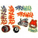 Set of 8 assorted full-color Stranger stickers on clear vinyl including logos and character designs