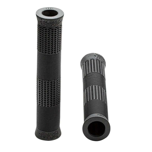 Pair of black STRANGER QUAN GRIPS with textured pattern and 165mm reversible length made of soft Kraton rubber or silicone compound
