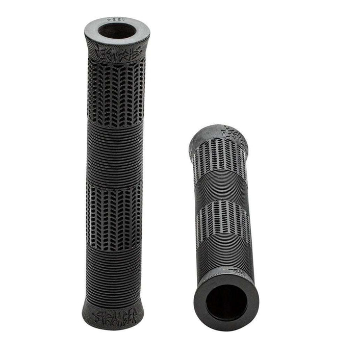 Pair of black STRANGER QUAN GRIPS with textured pattern and 165mm reversible length made of soft Kraton rubber or silicone compound