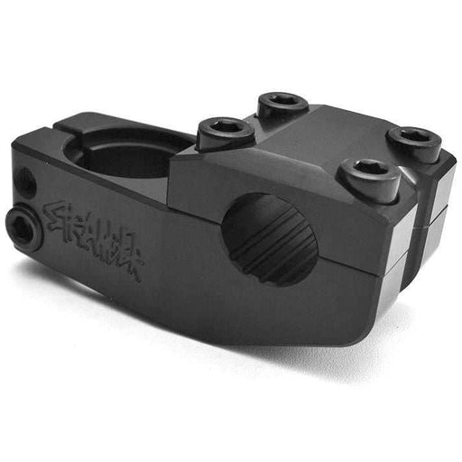 Black Stranger Rattlesnake Stem with recessed compression bolt area and oversized bolts for BMX bikes.